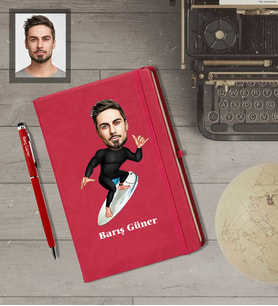 Kişiye Özel Sporcu Karikatürlü  Kırmızı Defter Kalem Hediye Seti Bay-10