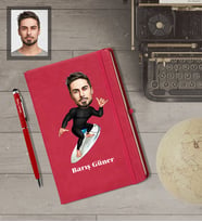 Kişiye Özel Sporcu Karikatürlü  Kırmızı Defter Kalem Hediye Seti Bay-10