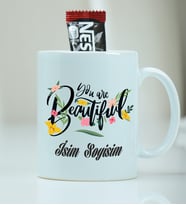 İsme Özel Kupa Bardak Beautiful Desenli - Nescafe Hediyeli