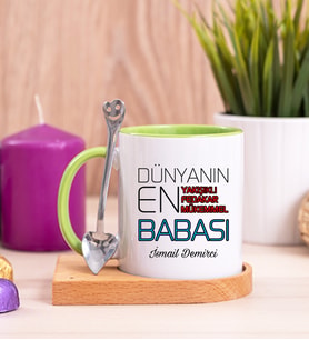 Dünyanın En İyi Babası Ahşap Altlıklı Yeşil Kupa Bardak