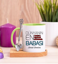 Dünyanın En İyi Babası Ahşap Altlıklı Yeşil Kupa Bardak