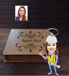 Kişiye Özel Mühendis Karikatürlü Ahşap Anahtarlık Kutulu  Bayan-2
