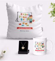 BK Gift Kişiye Özel Matematik Öğretmeni Beyaz Kupa Yastık ve İsimli Papatya Kolye Hediye Seti-5 (Model 1)