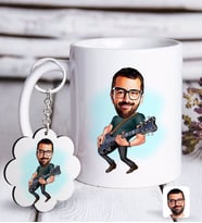 BK Gift Kişiye Özel Erkek Gitarist Karikatürlü Beyaz Kupa ve Anahtarlık Hediye Seti-1 (Model 1)