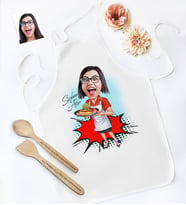 BK Gift Kişiye Özel Bayan Aşçı Karikatürlü Mutfak Önlüğü Ahşap Kaşık Spatula Seti - 2