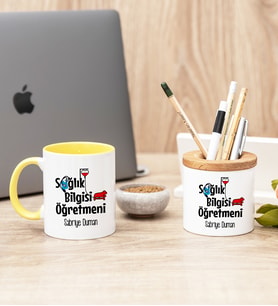 Sağlık Bilgisi Öğretmeni Sarı Kupa Bardak Ve Kalemlik Hediye Seti