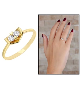Zirkon Taşlı "V" Tasarım Gold Renk 925 Ayar Gümüş Bayan Yüzük (Çok Renkli)