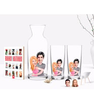 BK Gift Kişiye Özel Renkli Baskılı Sevgililer Karikatürlü İkili Rakı Bardağı Karaf ve Cep Kitabı Hediye Seti-86 (Model 1)