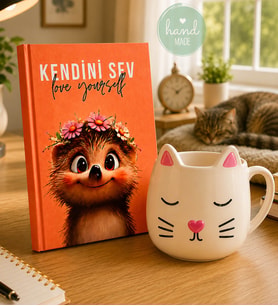Sevimli Kedi Kupa 3D & Kendini Sev Özel Not Defteri Seti
