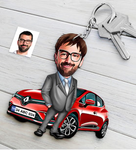 BK Gift Kişiye Özel Bay Renault Clio Figürlü Plakalı Ahşap Karikatür Anahtarlık-1 (Çok Renkli)