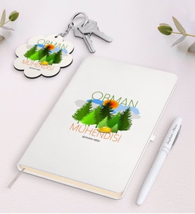 BK Gift Kişiye Özel Orman Mühendisi Beyaz Defter Kalem ve Anahtarlık Hediye Seti (Model 1)
