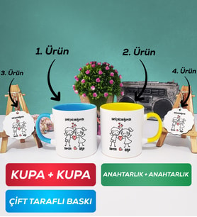 İkili Mavi Sarı Kişiye Özel Sevgililer Günü Hediyesi Kupa Bardak Anahtarlık Hediye Seti