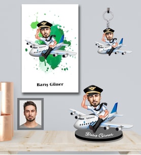 Kişiye Özel Pilot Karikatürlü 3 lü Hediye Seti Bay-5