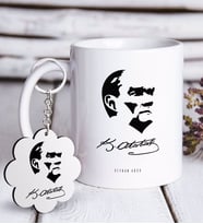 BK Gift Kişiye Özel Atatürk Temalı Beyaz Kupa ve Anahtarlık Hediye Seti-24 (Model 1)