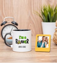 Bankacı Siyah Kupa Bardak ve Sarı Mini Fotoğraf Çerçevesi