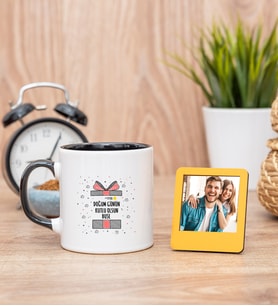 Doğum Günü Hediyesi Siyah Kupa Bardak ve Sarı Mini Fotoğraf Çerçevesi