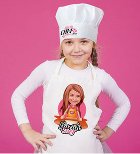 BK Gift Kişiye Özel Küçük Chef Karikatürlü Kız Çocuk Mutfak Önlüğü ve Aşçı Şapkası Seti-4 (Beyaz)