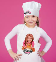 BK Gift Kişiye Özel Küçük Chef Karikatürlü Kız Çocuk Mutfak Önlüğü ve Aşçı Şapkası Seti-4 (Beyaz)
