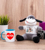 Sevgiliye Hediye İsim Yazılı Kalpli Mavi Kupa Bardak ve Peluş Eşek