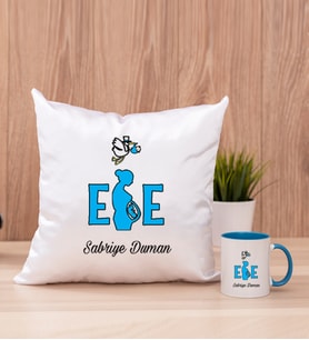 Ebe Kare Yastık ve Mavi Kupa Bardak