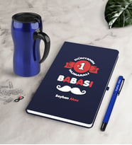 BK Gift Kişiye Özel Dünyanın 1 Numaralı Babası Lacivert Defter Kalem Termos Mug Seti (Model 1)