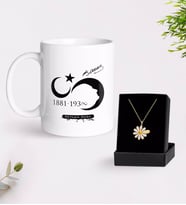 BK Gift Kişiye Özel Atatürk Temalı Beyaz Kupa ve Papatya Kolye Hediye Seti-5 (Model 1)