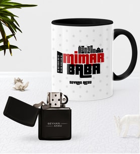 BK Gift Kişiye Özel Mimar Baba Siyah Kupa Bardak Benzinli Metal Çakmak Seti-1 (Model 1)
