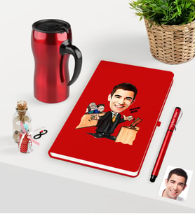 BK Gift Kişiye Özel Bay Avukat Karikatürlü Kırmızı Defter Kalem ve Termos Mug Seti - 3 (Model 1)