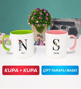 İkili Kişiye Özel Baş Harf ve İsim Yazılı Kupa Bardak Yeşil Pembe