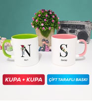 İkili Kişiye Özel Baş Harf ve İsim Yazılı Kupa Bardak Yeşil Pembe