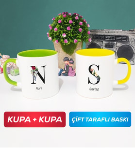 İkili Kişiye Özel Baş Harf ve İsim Yazılı Kupa Bardak Yeşil Sarı