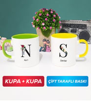 İkili Kişiye Özel Baş Harf ve İsim Yazılı Kupa Bardak Yeşil Sarı
