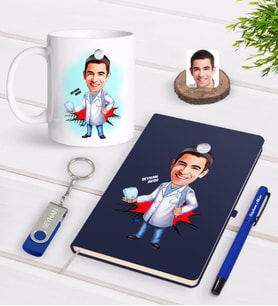 BK Gift Kişiye Özel Erkek Diş Hekimi Karikatürlü Lacivert Defter Kalem Kupa 32gb USB Bellek Hediye Seti-3 (Model 1)