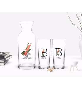 BK Gift Kişiye Özel Renkli Baskılı Baş Harfli İsimli İkili Rakı Bardağı ve Karaf Hediye Seti-10 (Model 1)