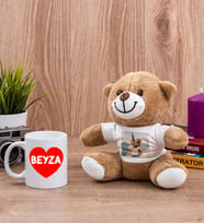 Sevgiliye Hediye İsim Yazılı Kalpli Beyaz Kupa Bardak ve Peluş Ayıcık