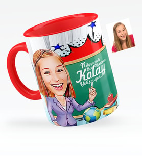 BK Gift Kişiye Özel Bayan Öğretmen Karikatürlü Kırmızı Kupa Bardak  1