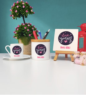 Love Yourself Tasarımlı Kişiye Özel Hediye Türk Kahvesi Fincanı Kalemlik ve Dekoratif Taş Baskı Seti