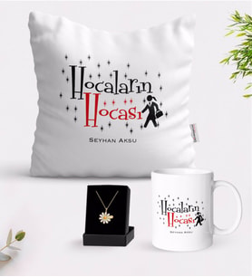 BK Gift Kişiye Özel Hocaların Hocası Beyaz Kupa Yastık ve İsimli Papatya Kolye Hediye Seti-2 (Model 1)