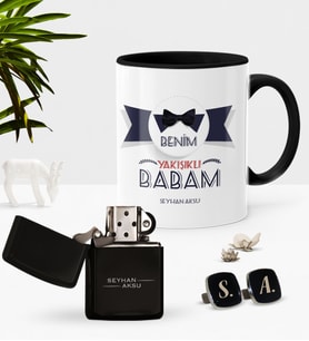 BK Gift Kişiye Özel Benim Yakışıklı Babam Siyah Kupa Çakmak Kol Düğmesi Seti (Model 1)