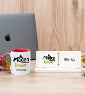 Maden Teknolojisi Öğretmeni Kırmızı Kupa Bardak Ve Masa İsimliği Hediye Seti