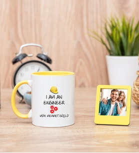 Mühendis Sarı Kupa Bardak ve Sarı Mini Fotoğraf Çerçevesi