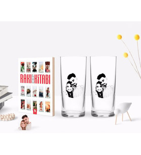 BK Gift Kişiye Özel Renkli Baskılı Sevgililer Silüet Tasarımlı İkili Rakı Bardağı ve Rakı Cep Kitabı Hediye Seti-1 (Model 1)