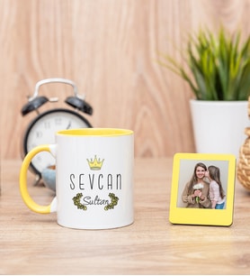 Sultan Tasarım Sarı Kupa Bardak ve Sarı Mini Fotoğraf Çerçevesi