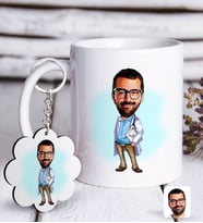 BK Gift Kişiye Özel Erkek Doktor Karikatürlü Beyaz Kupa ve Anahtarlık Hediye Seti-8 (Model 1)
