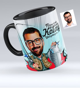 BK Gift Kişiye Özel Bay Balıkçı Karikatürlü Siyah Kupa Bardak  1