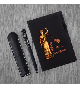 Kişiye Özel Hakim Temalı Siyah Defter ve  Siyah Roller Kalem  Seti