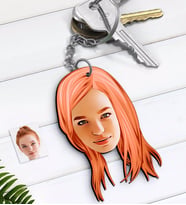 BK Gift Kişiye Özel Bayan Yüz Karikatürlü Ahşap Anahtarlık-3 (Beyaz)