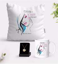 BK Gift Kişiye Özel Güzellik ve Saç Bakımı Öğretmeni Beyaz Kupa Yastık ve İsimli Papatya Kolye Hediye Seti (Model 1)