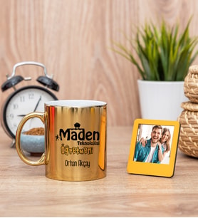 Maden Teknolojisi Öğretmeni Gold Kupa Bardak ve Sarı Mini Fotoğraf Çerçevesi