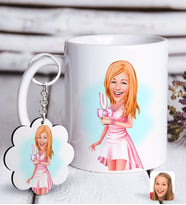 BK Gift Kişiye Özel Bayan Karikatürlü Beyaz Kupa ve Anahtarlık Hediye Seti-41 (Model 1)